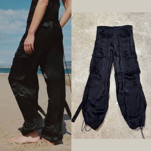 Zara High Waist Satin Effect Cargo Trouser Pants Women’s Small Black Pockets